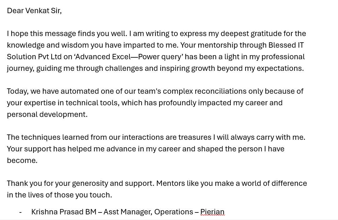 Excel Training Testimonial