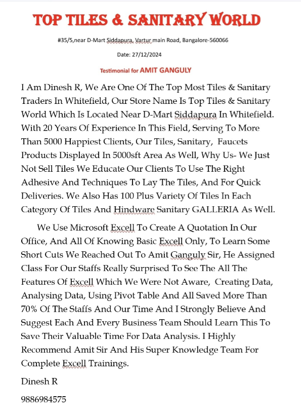 Testimonial for Excel Training