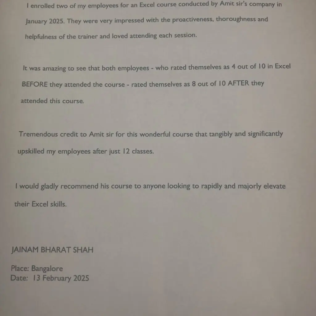 Testimonial for Excel Training